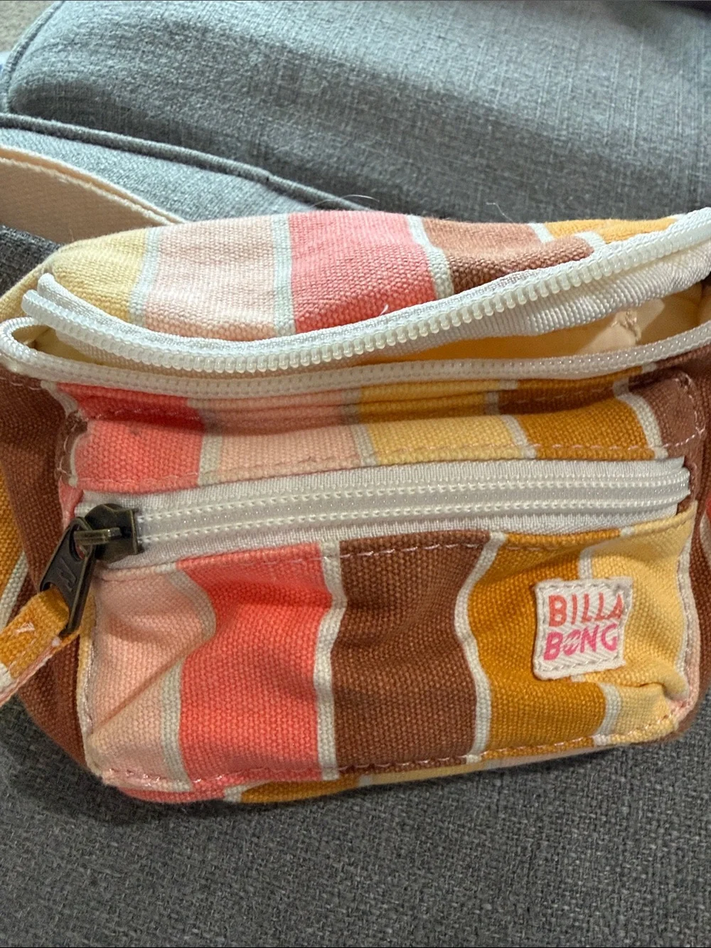 Striped Canvas Waist Bag - Coral, Yellow & Brown. Youth size